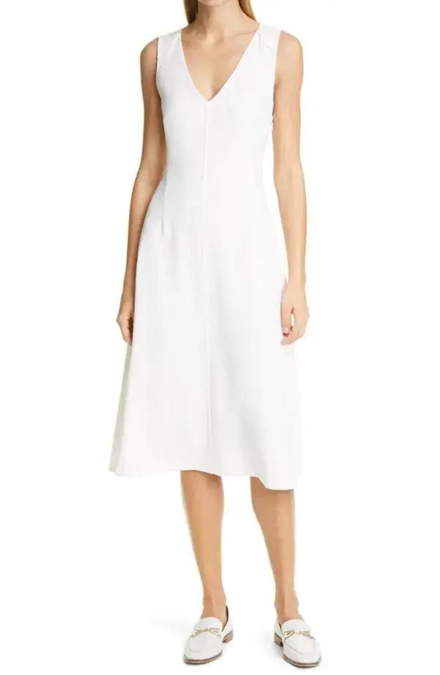 Club Monaco White Cross Back Sleeveless A-Line Crepe V-Neck Midi Dress Size 10